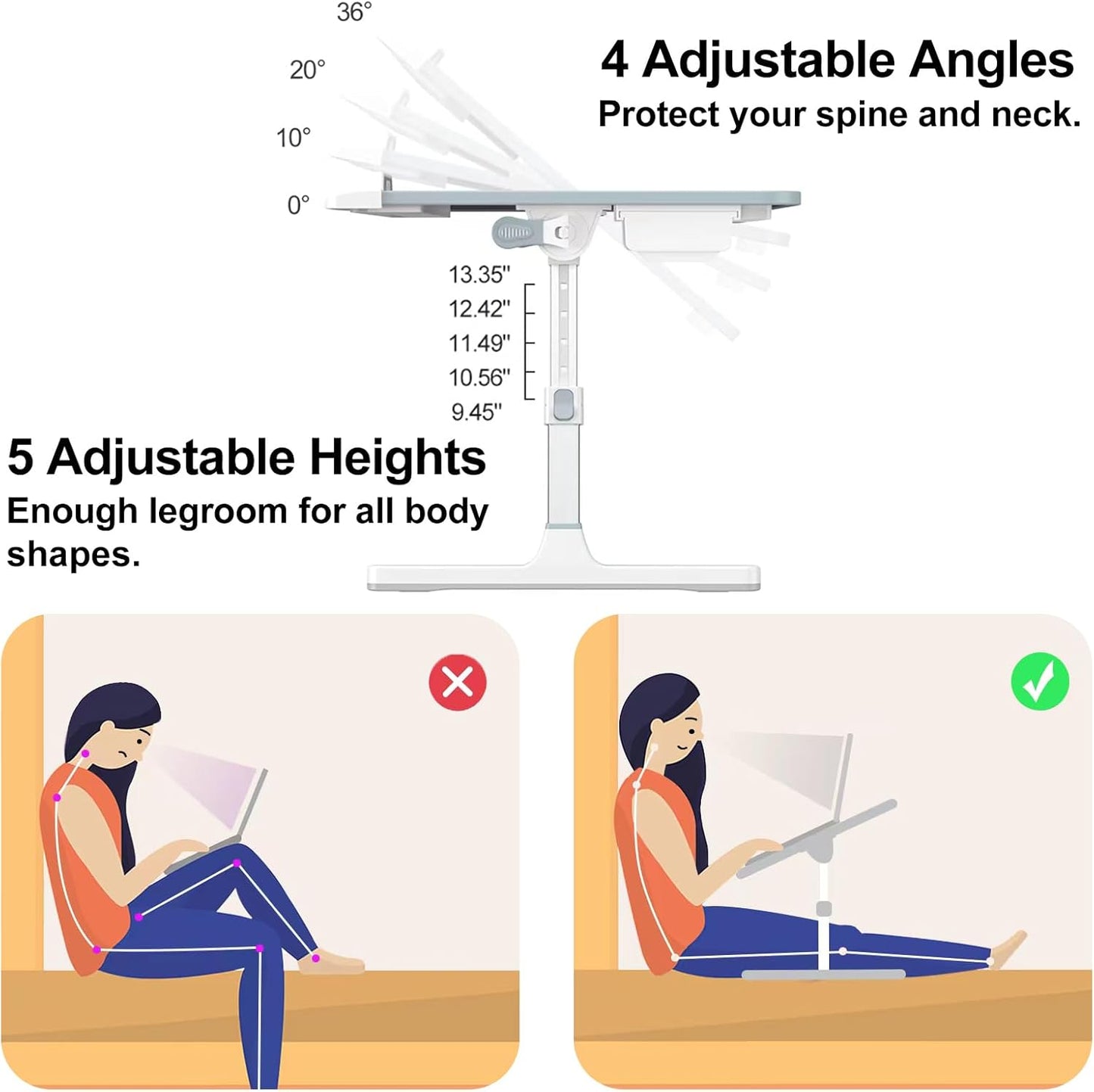 Laptop Bed Table, Height & Angle Adjustable Laptop Desk for Bed with Premium Materials, Super Sturdy Foldable Laptop Bed Tray Table with Drawer for Bed Couch Floor (Gray, 23.6"ร14")