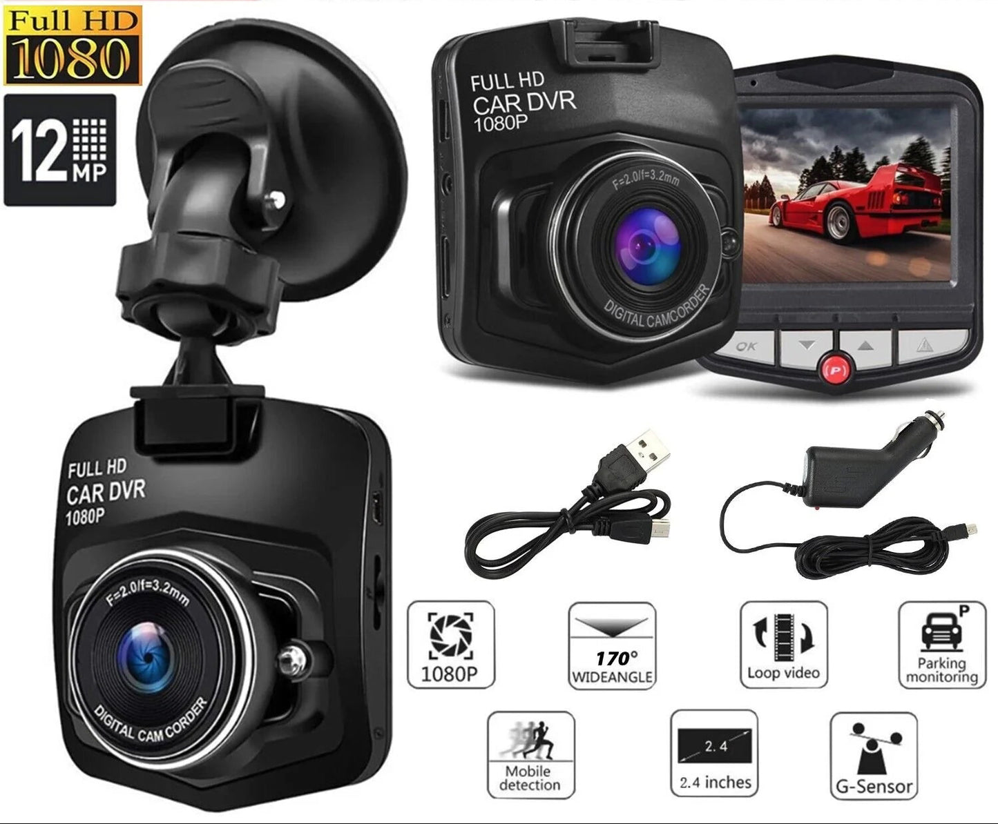 2.4'' Full HD 1080P Dash Cam Car DVR Front or Rear Camera Night Vision G-Sensor