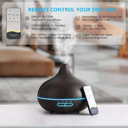 🌿 550ml Essential Oil Diffuser for Large Rooms — Ultrasonic Aroma Diffuser with Remote Control, Timer, & 7-Color LED Light | Quiet Humidifier for Bedroom & Home Relaxation