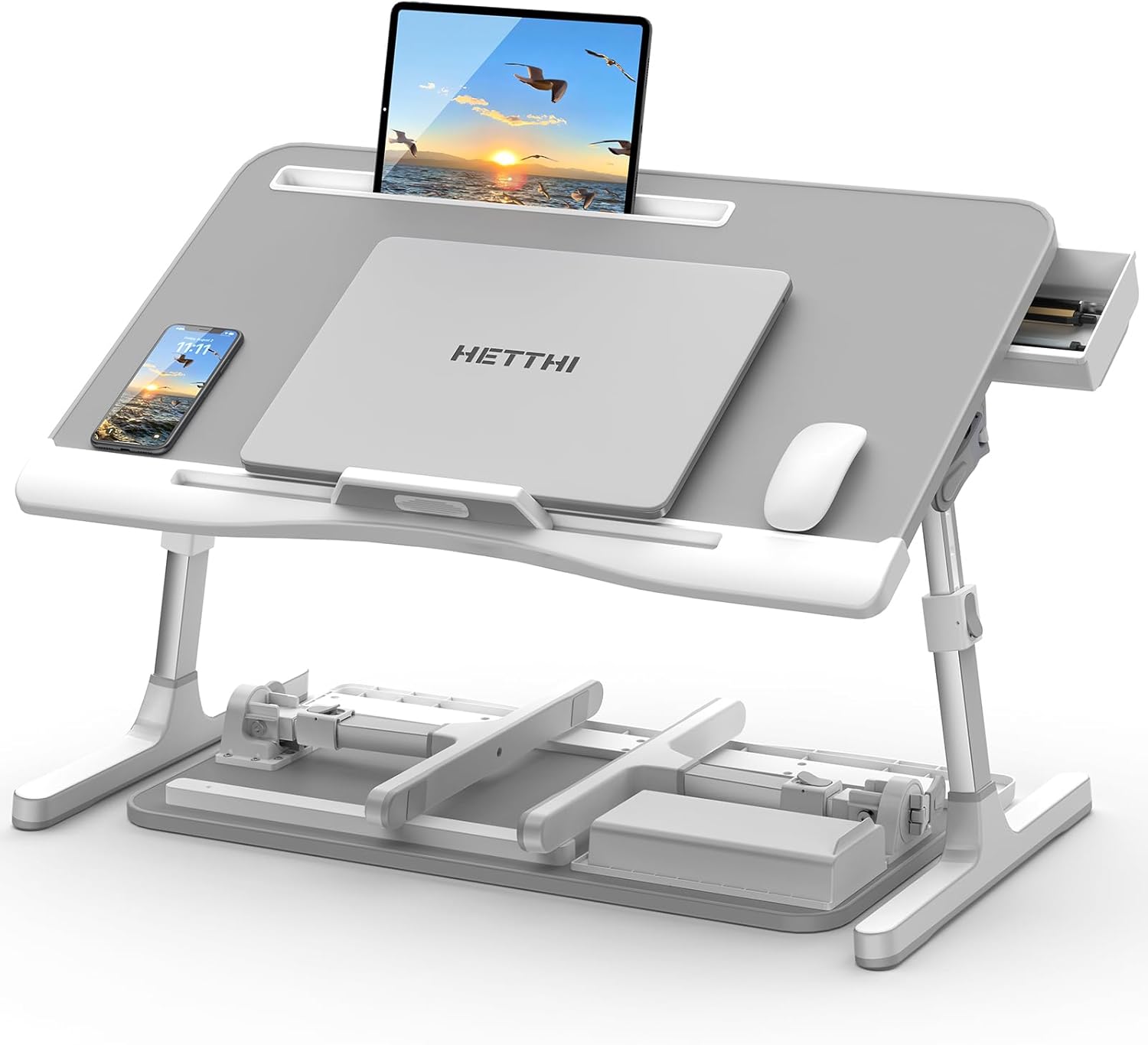 Laptop Bed Table, Height & Angle Adjustable Laptop Desk for Bed with Premium Materials, Super Sturdy Foldable Laptop Bed Tray Table with Drawer for Bed Couch Floor (Gray, 23.6"×14")