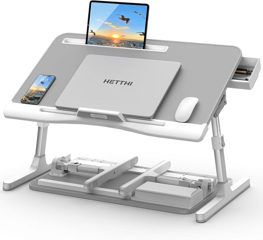 Laptop Bed Table, Height & Angle Adjustable Laptop Desk for Bed with Premium Materials, Super Sturdy Foldable Laptop Bed Tray Table with Drawer for Bed Couch Floor (Gray, 23.6"×14")